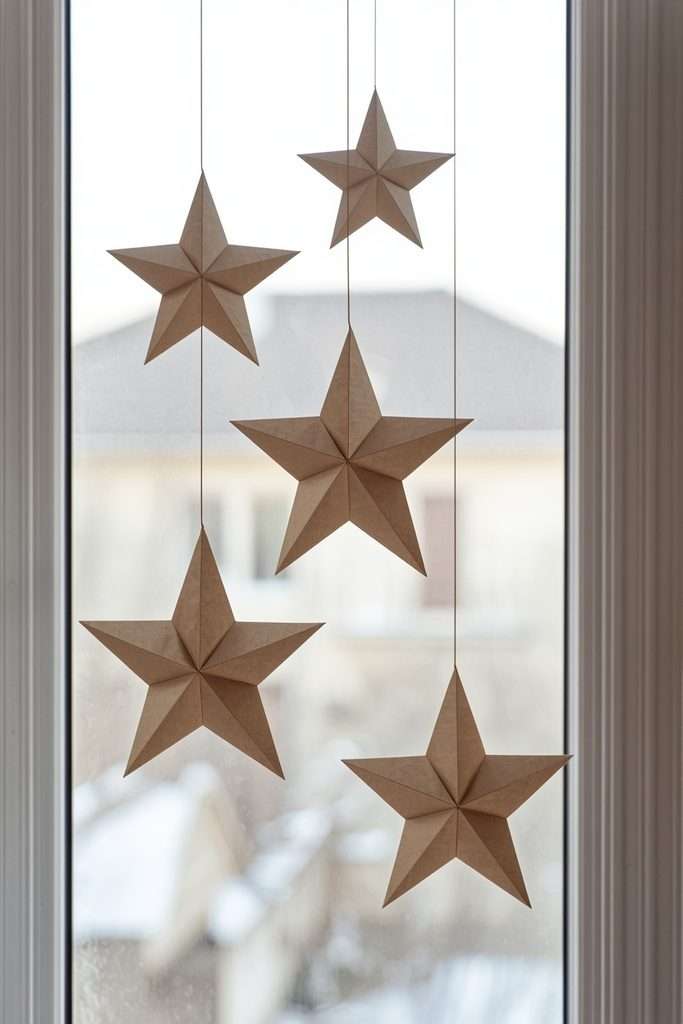 Handmade paper Christmas stars hanging in bright home window