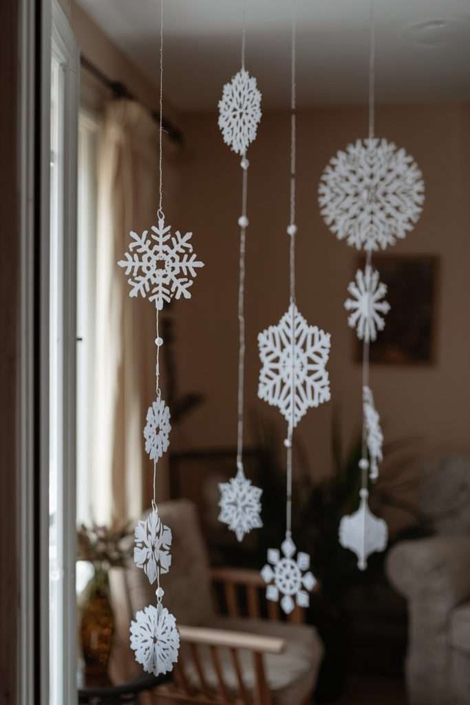 Handmade white paper snowflakes hanging in a cozy Christmas window.
