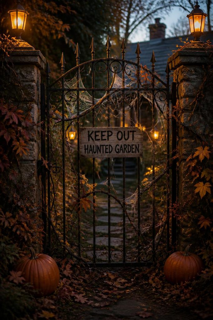 Haunted garden gate decorated with cobwebs and Halloween vines.