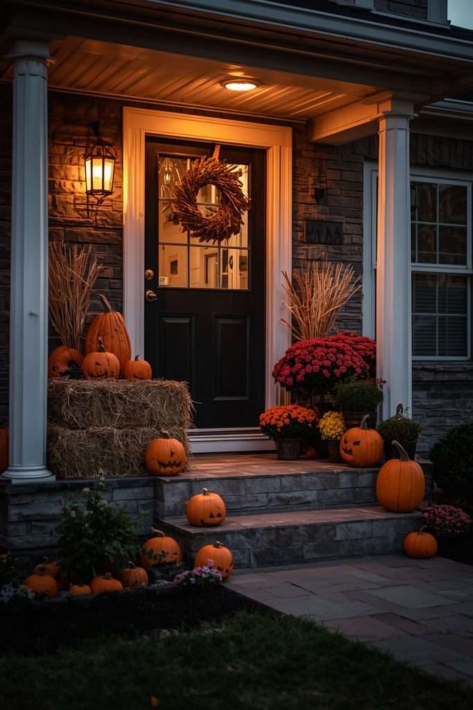 Hay bales and pumpkins creating a cozy Halloween yard display.