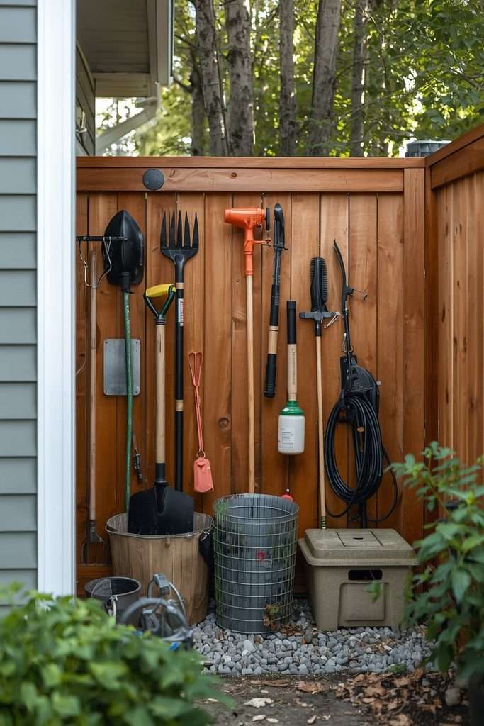 Hidden backyard utility area for garden tools and hose storage.