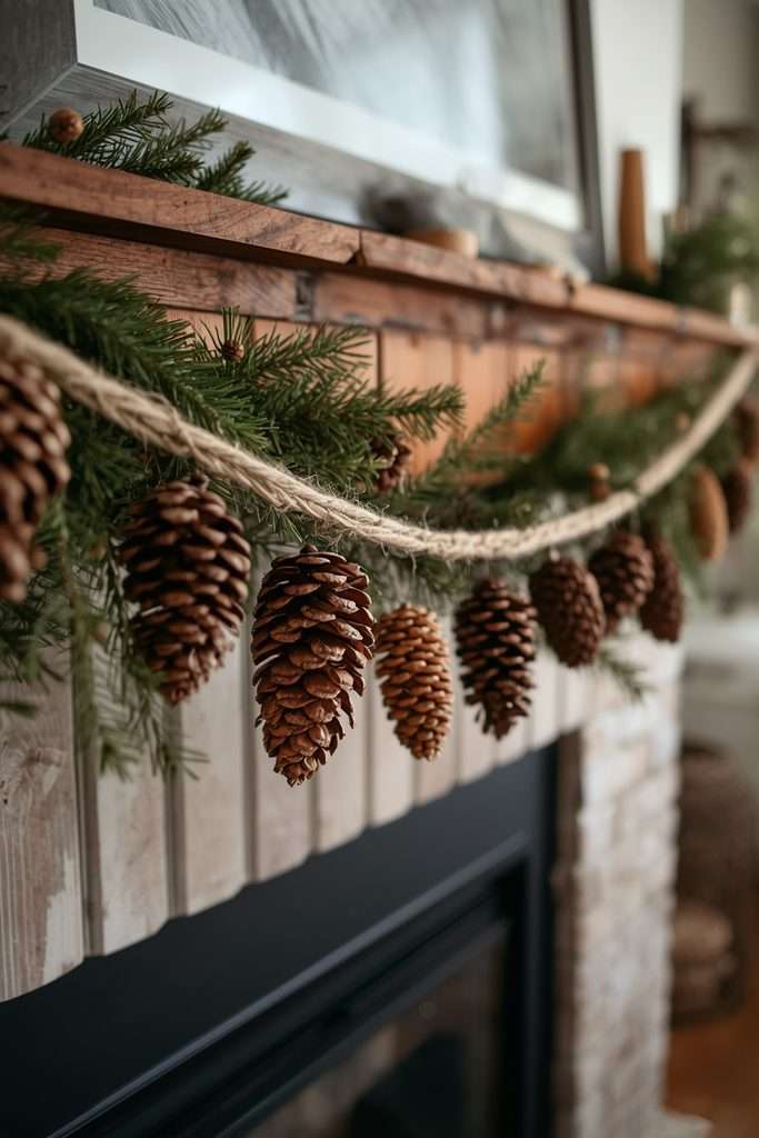 Rustic homemade pinecone garland with evergreen branches on mantel