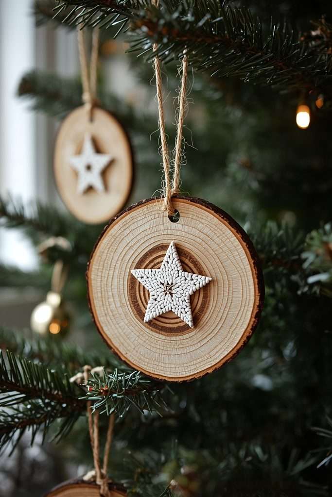 Rustic homemade wood slice Christmas ornaments on tree