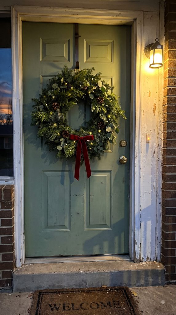Natural evergreen Christmas wreath with warm white lights and a red ribbon hanging on a home's front door.