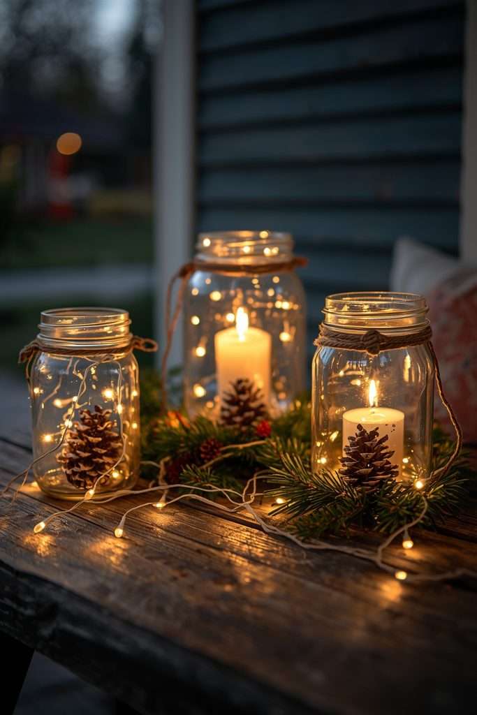 Mason jar Christmas lanterns glowing with greenery and warm fairy lights