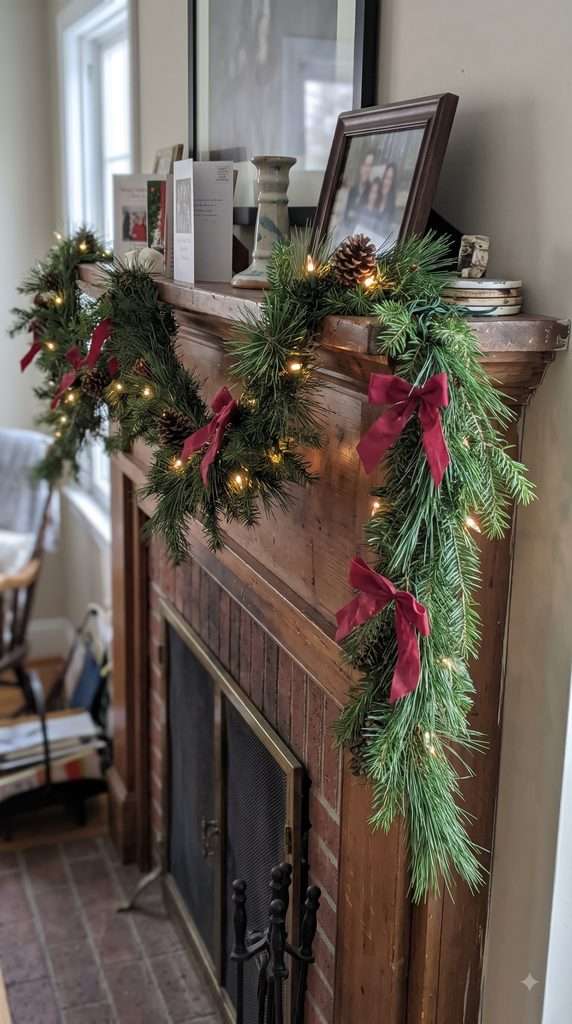 Evergreen mantel garland decorated with cranberry ribbon and brass bells.