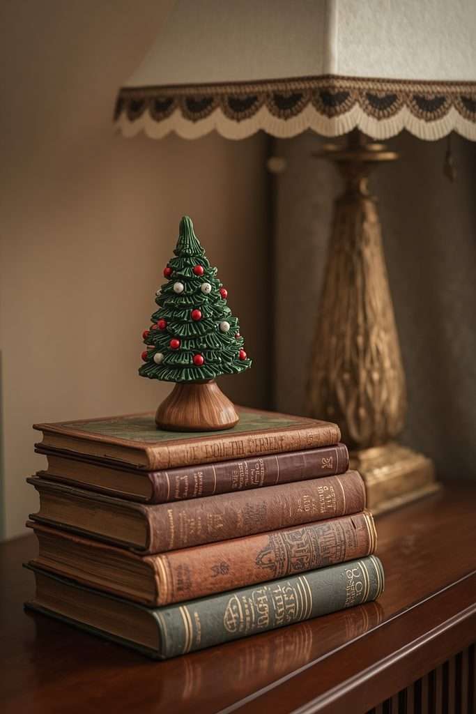 Vintage hardback books styled with a small ceramic Christmas tree.