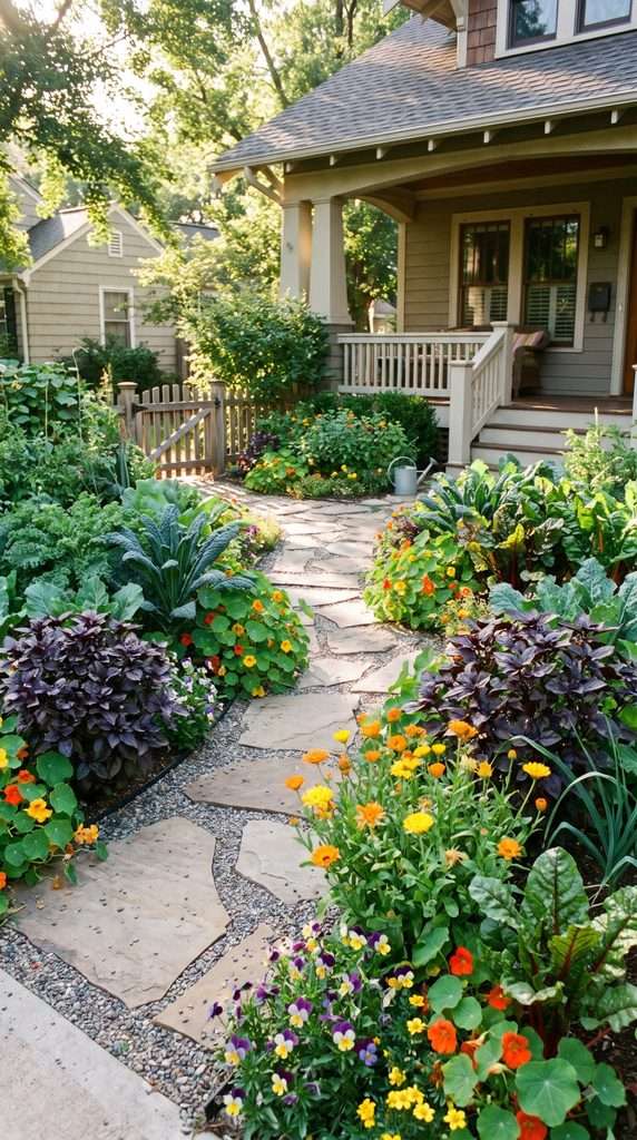 Colorful edible plants growing in a landscaped border beside a front walkway.