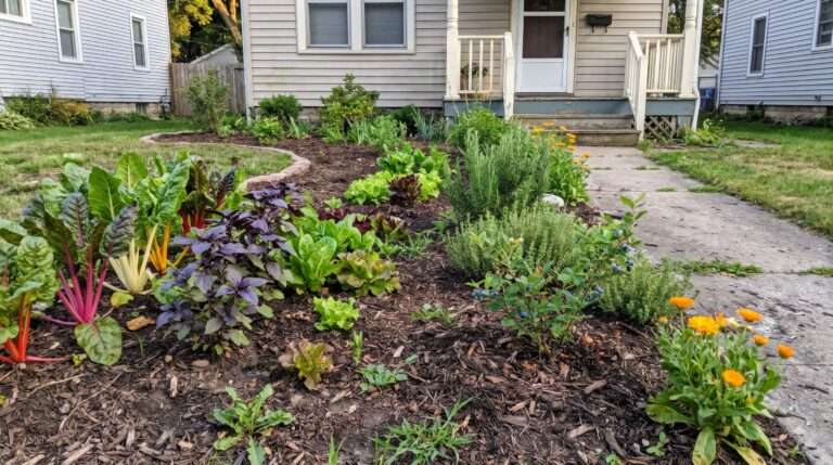 Colorful edible plants arranged in a front-yard ornamental garden.