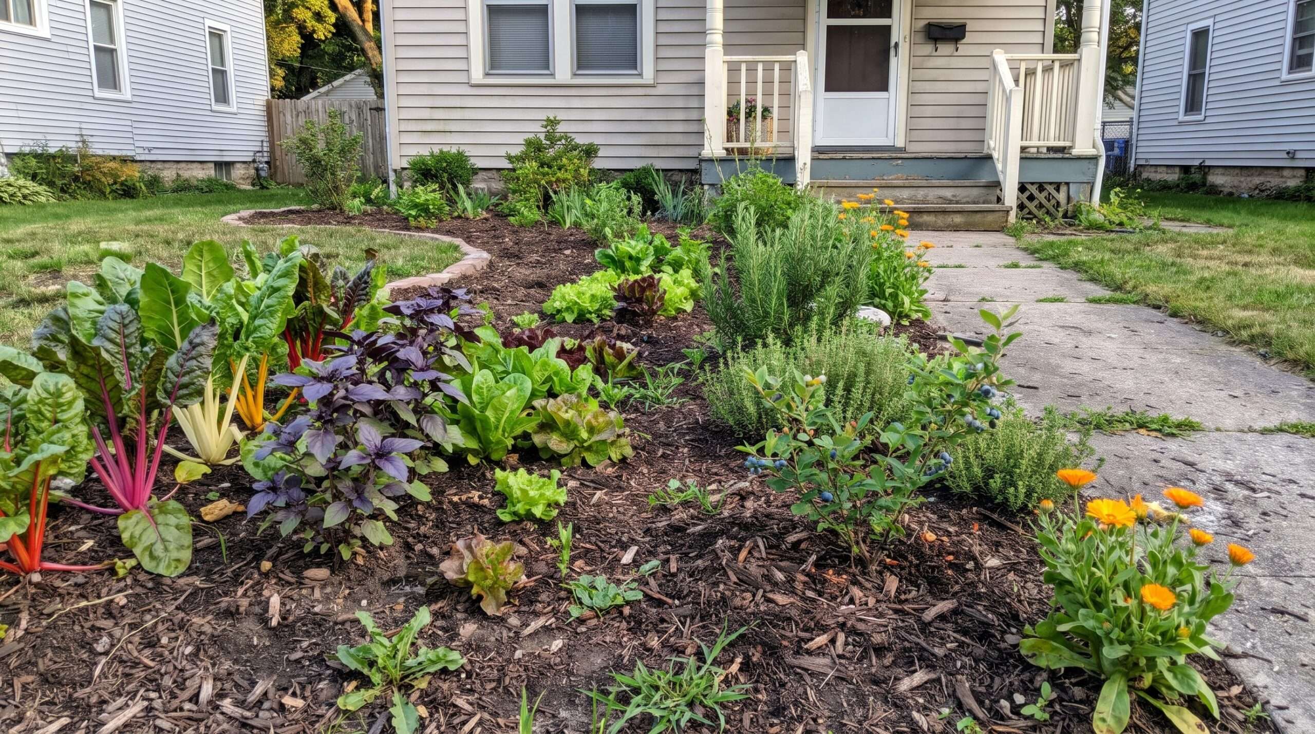 Colorful edible plants arranged in a front-yard ornamental garden.