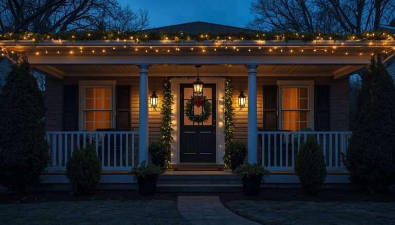 Outdoor Christmas decorations with warm roofline lights, lanterns, and porch greenery.