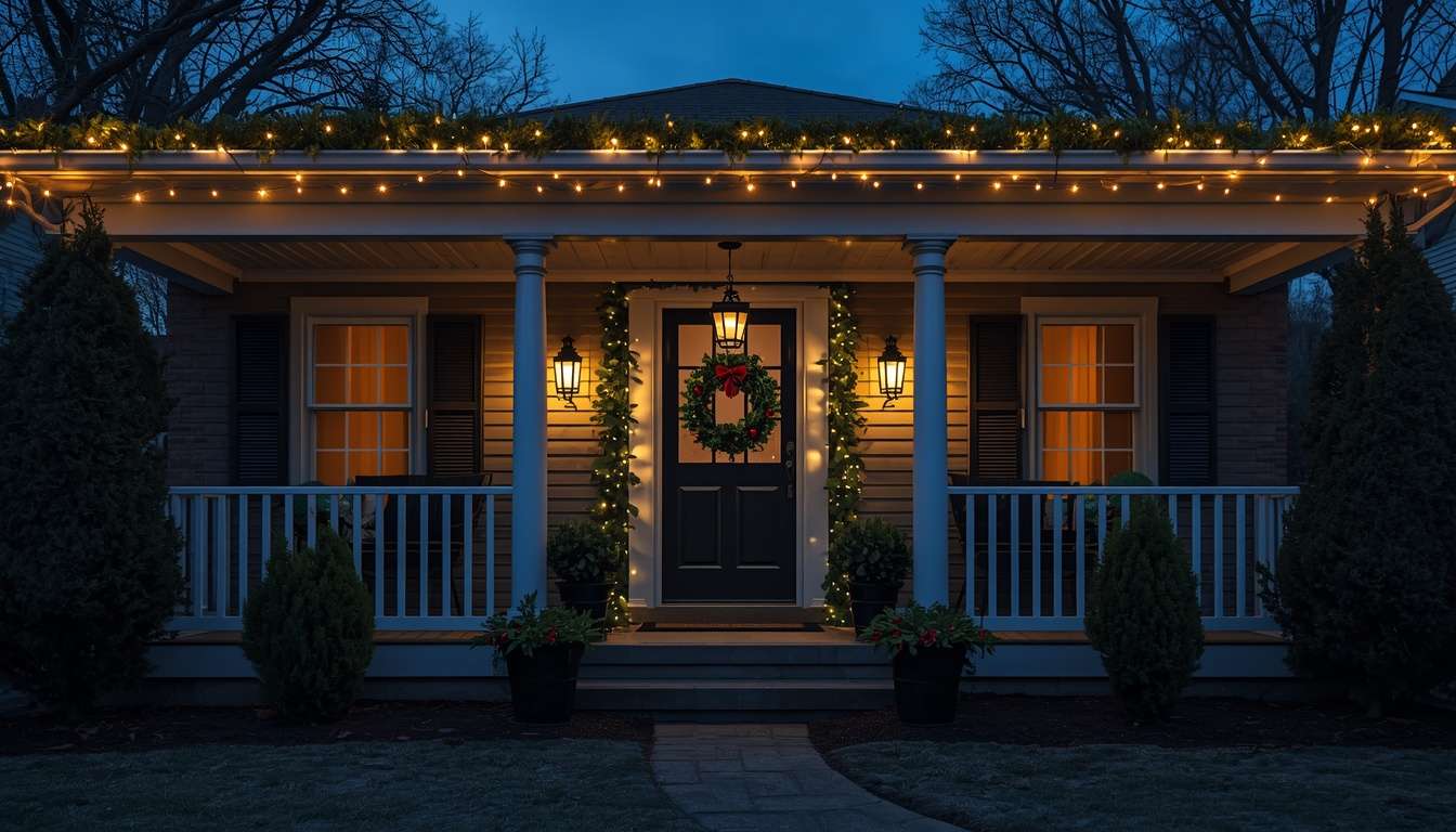 Outdoor Christmas decorations with warm roofline lights, lanterns, and porch greenery.