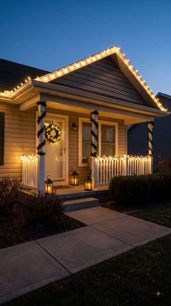 American home's outdoor Christmas display glowing at dusk with roofline lights, an illuminated wreath, evergreen garland, and decorative lantern