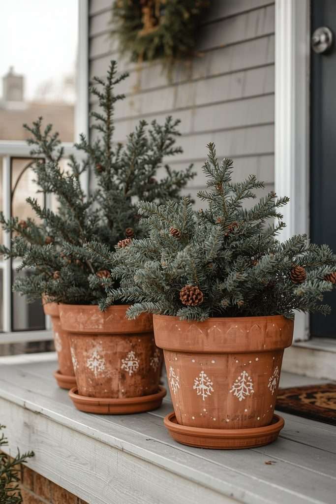 Hand-painted terra-cotta Christmas pots filled with greenery