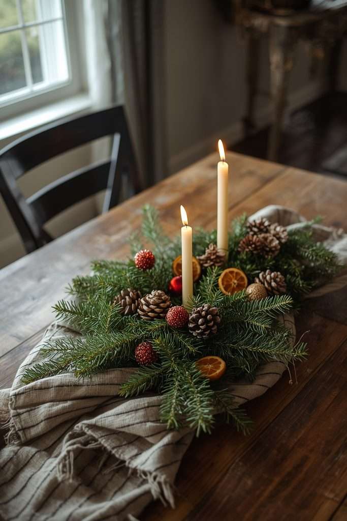 Homemade Christmas centerpiece with pinecones greenery and dried orange slices