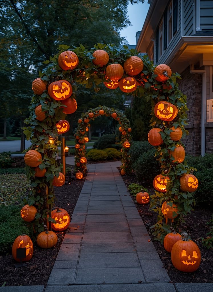 Pumpkin-covered Halloween arch framing a suburban front walkway.