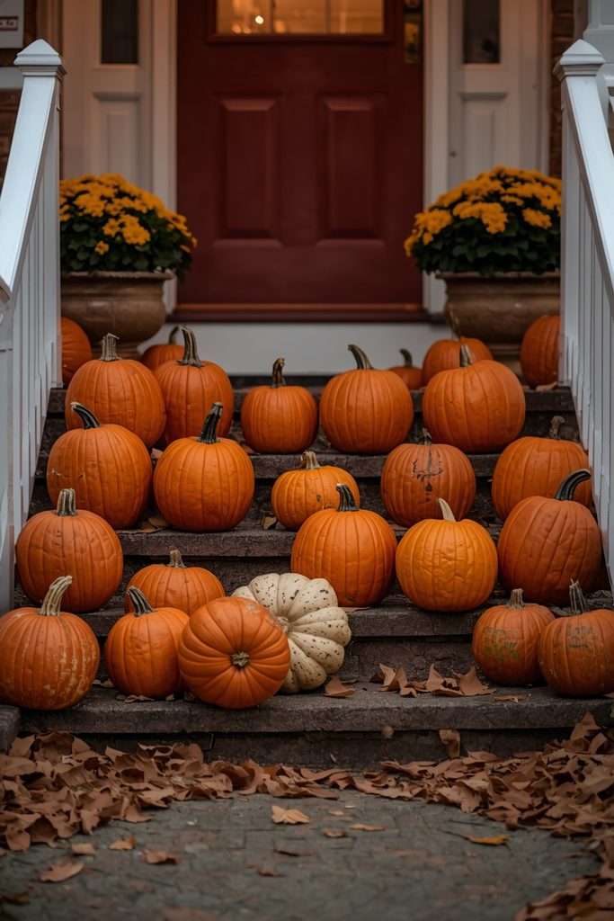 Pumpkins spilling naturally down front porch steps for Halloween.