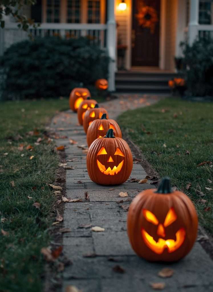 Carved pumpkins lining a walkway toward a suburban front door.
