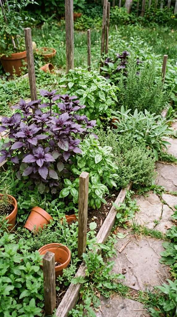 Purple basil plants adding dark foliage color to an edible garden bed.
