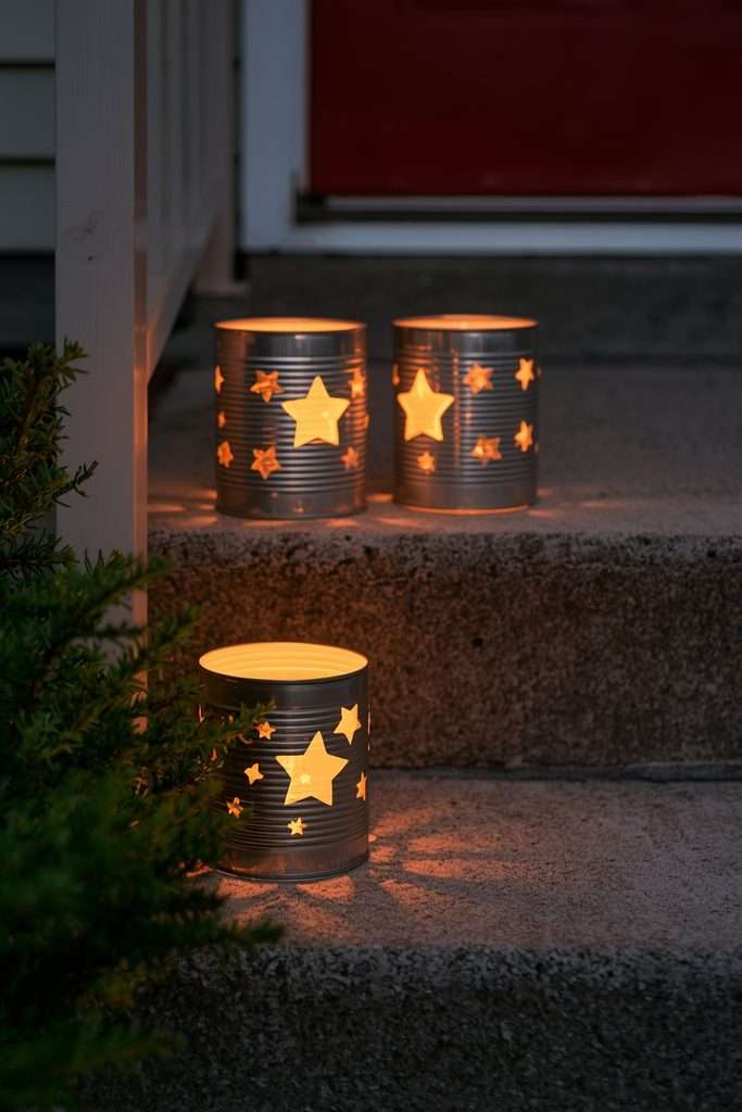 Recycled tin can Christmas lanterns glowing on front porch