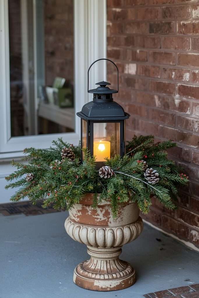 Repurposed garden planter used as Christmas porch lantern