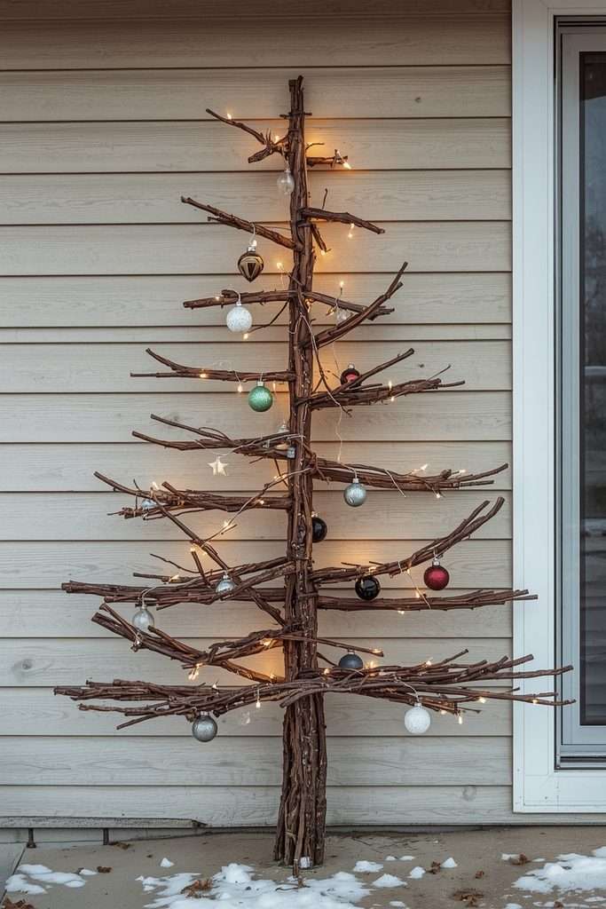 Rustic branch Christmas tree with simple ornaments and warm lights