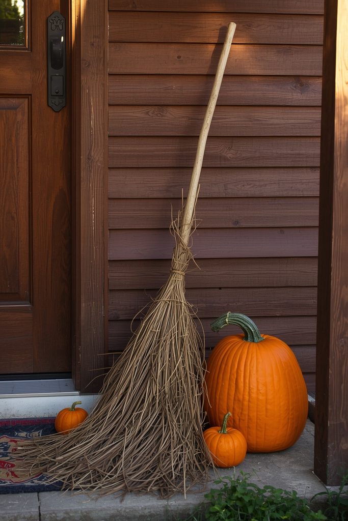 Rustic witch broom leaning beside pumpkins on a Halloween porch.