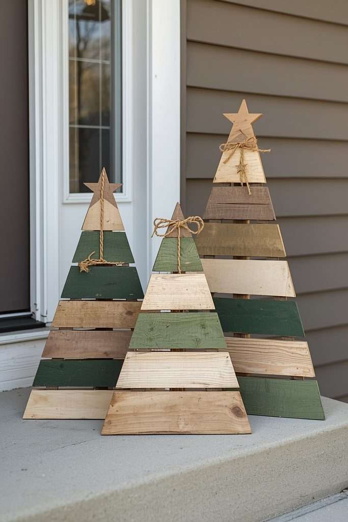Handmade scrap wood Christmas trees on suburban porch steps