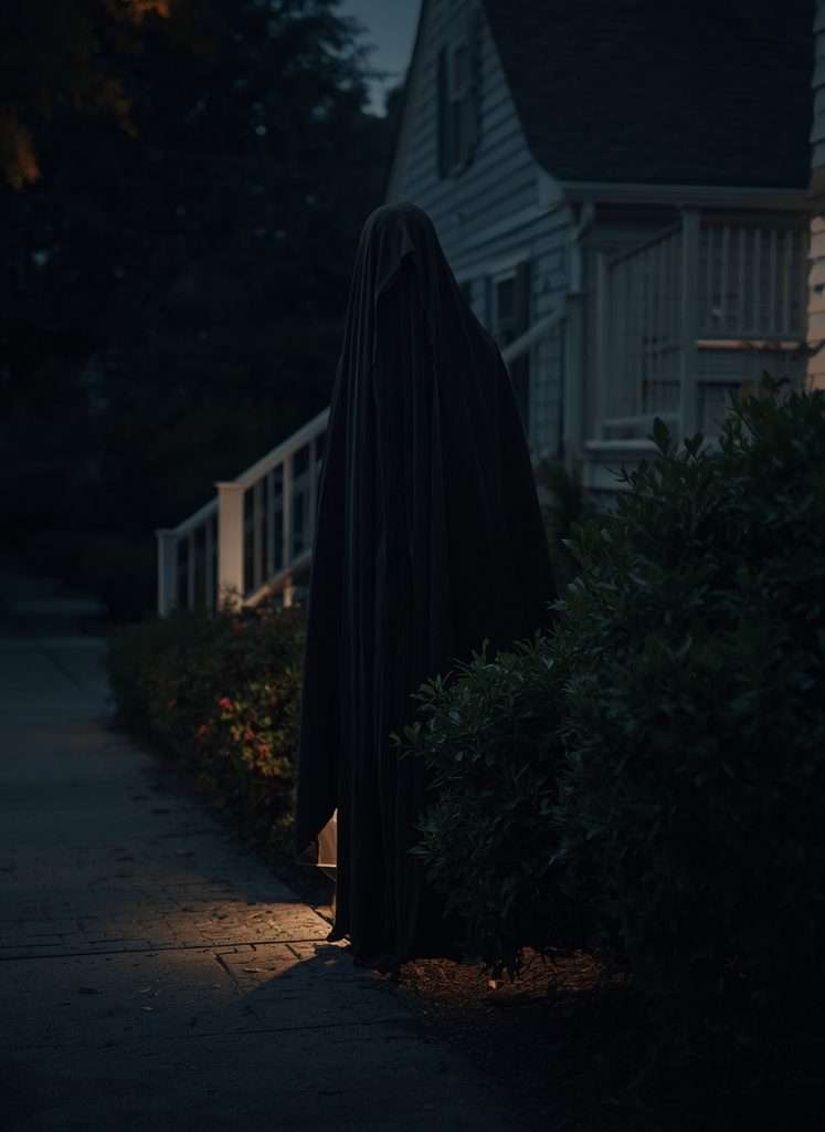 Dark Halloween figure hiding beside a front yard walkway at dusk.