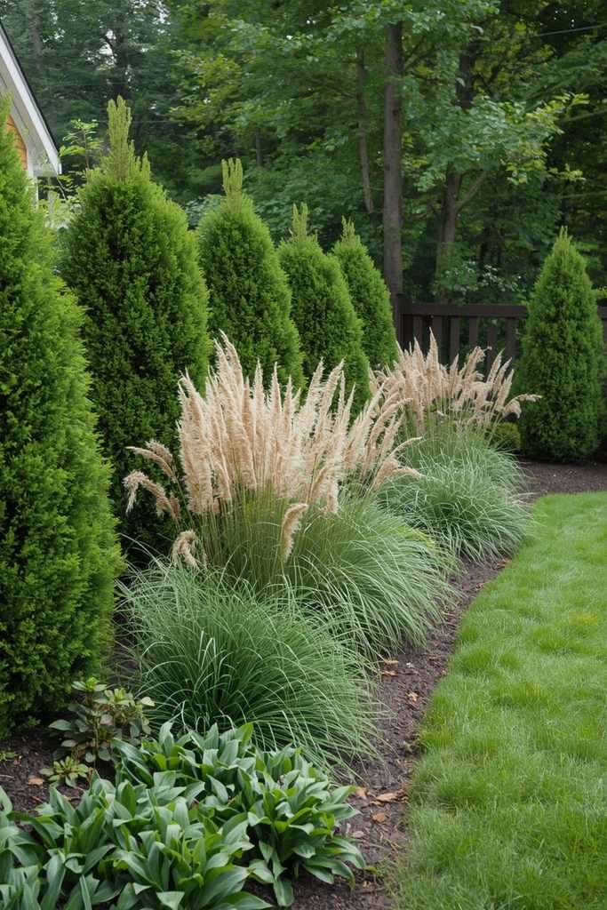 Shrubs creating a natural boundary around a backyard outdoor room.