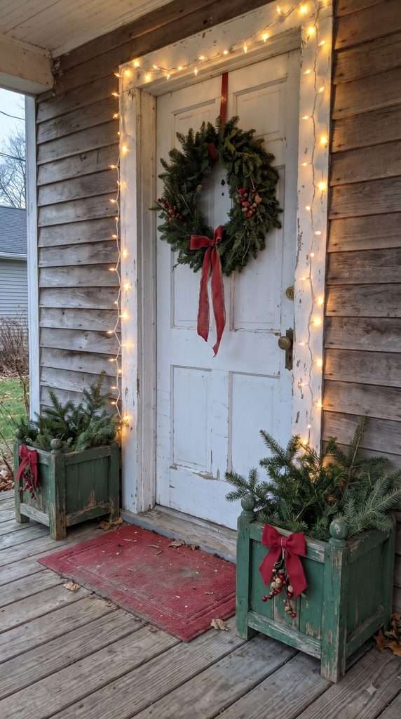 Traditional red-and-green Christmas porch decorations featuring an evergreen wreath, red ribbon, green planters, and warm white lights.