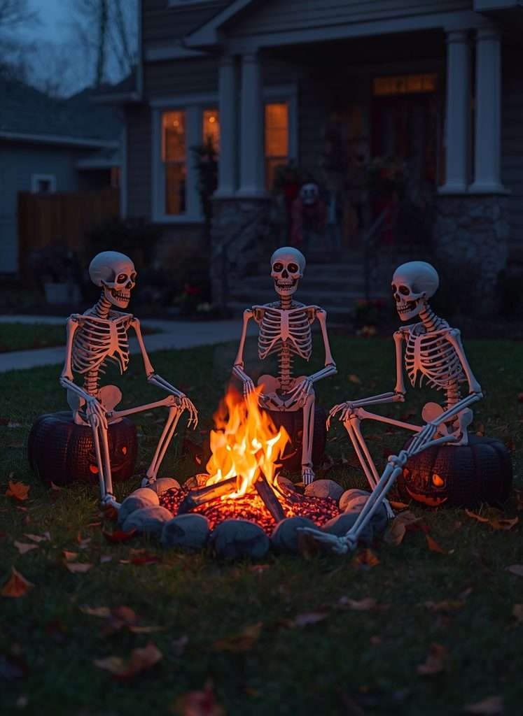 Skeletons gathered around a spooky faux campfire in a front yard.