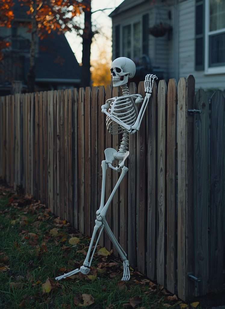 Skeleton appearing to climb over a wooden fence on Halloween night.