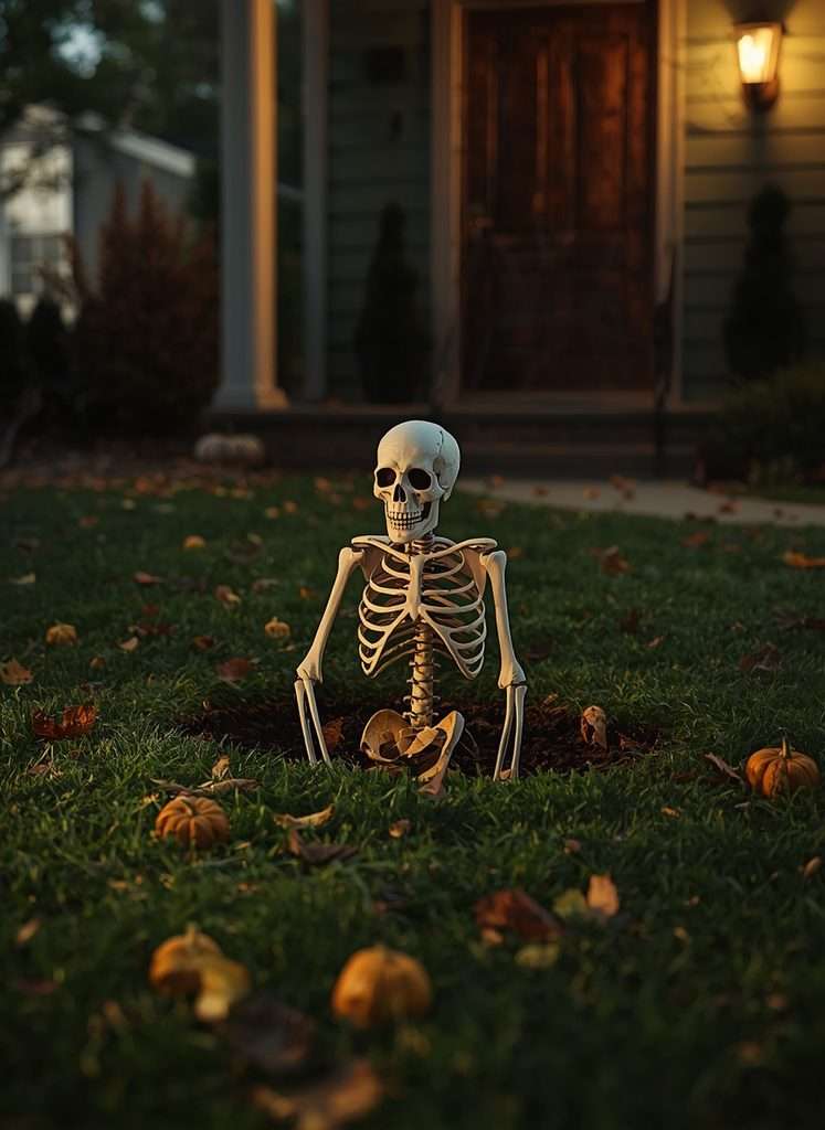 Skeleton decoration crawling from the ground in a Halloween front yard.