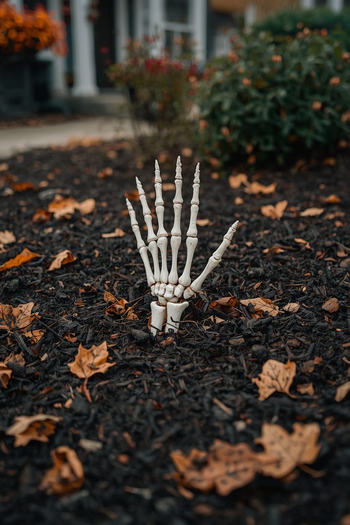 Skeleton hand emerging from mulch in a spooky Halloween garden.