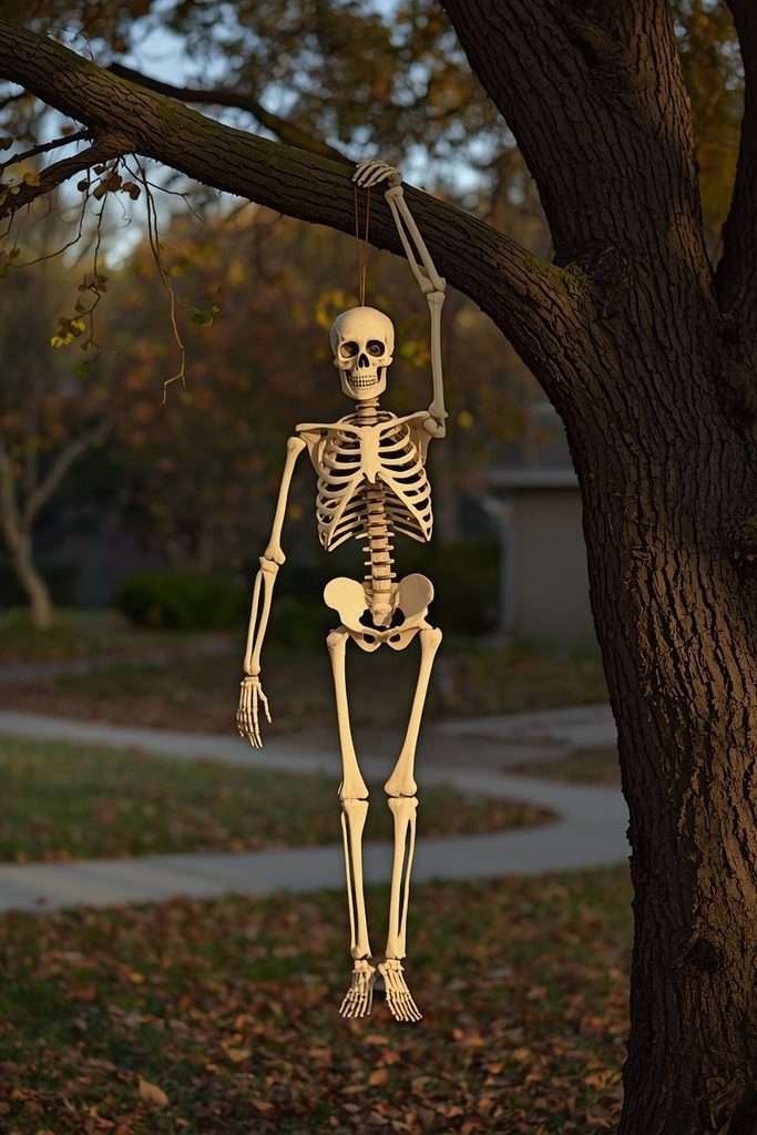 Skeleton hanging from a tree branch in a spooky Halloween yard.