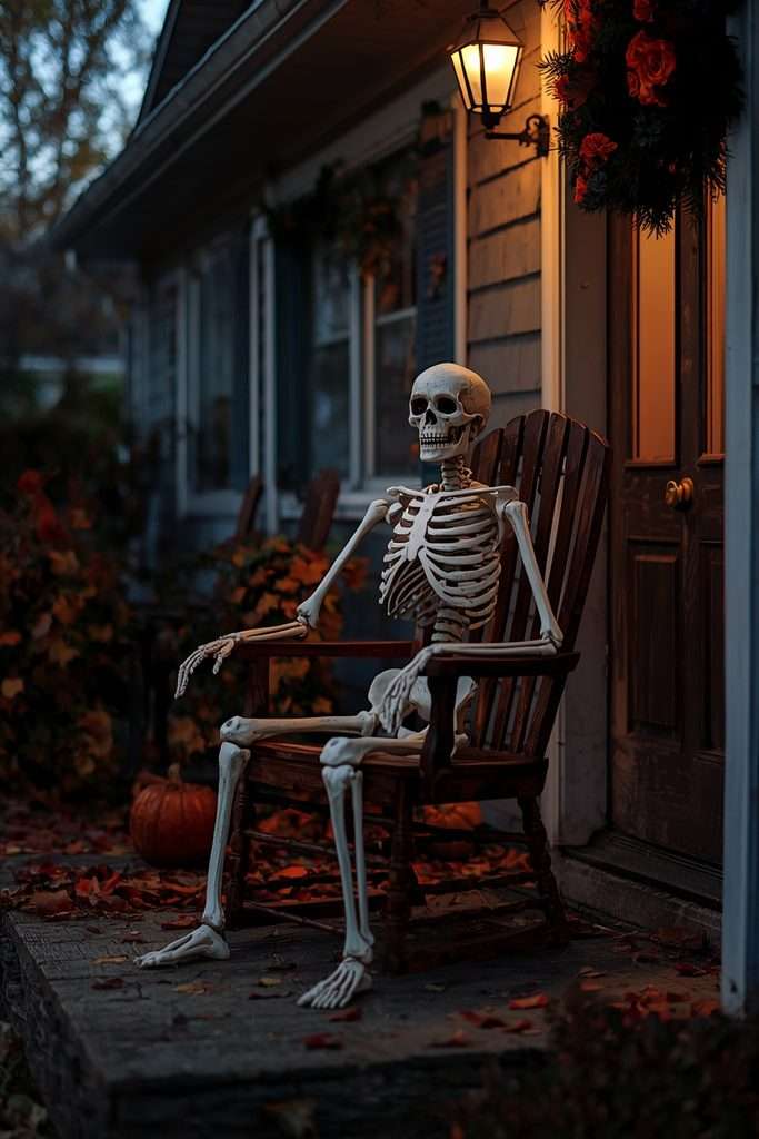 Skeleton sitting in an old chair as a spooky Halloween yard scene.