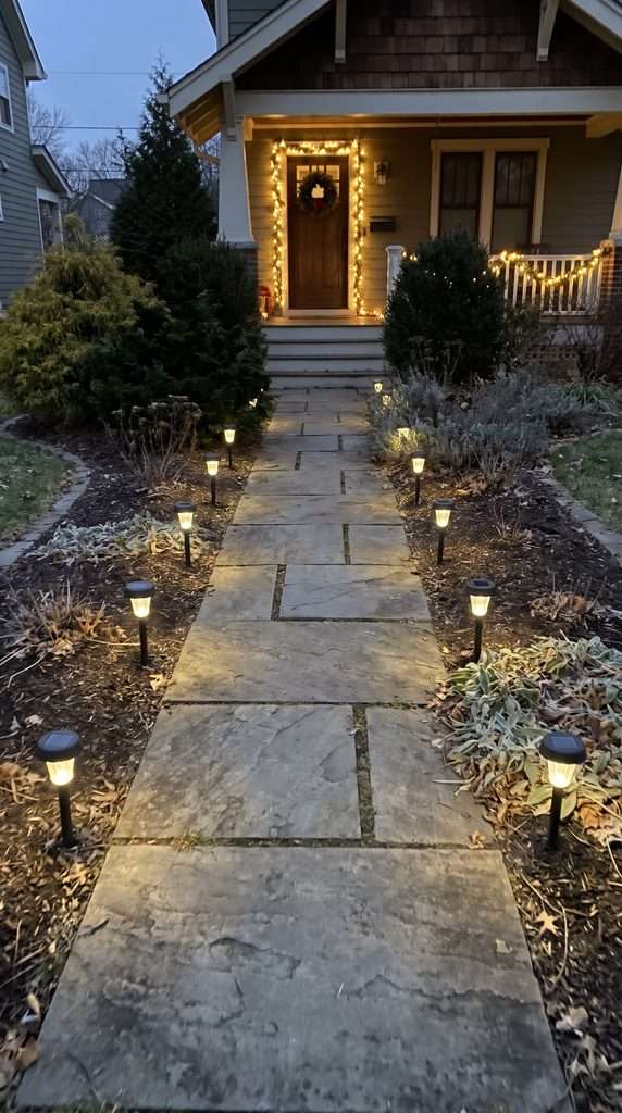 American home's front windows outlined with warm white Christmas lights coordinated with a decorated front door.
