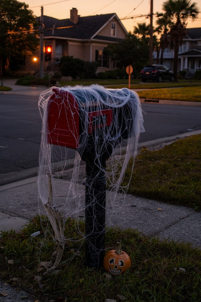Spooky Halloween mailbox decorated with cobwebs and a pumpkin.