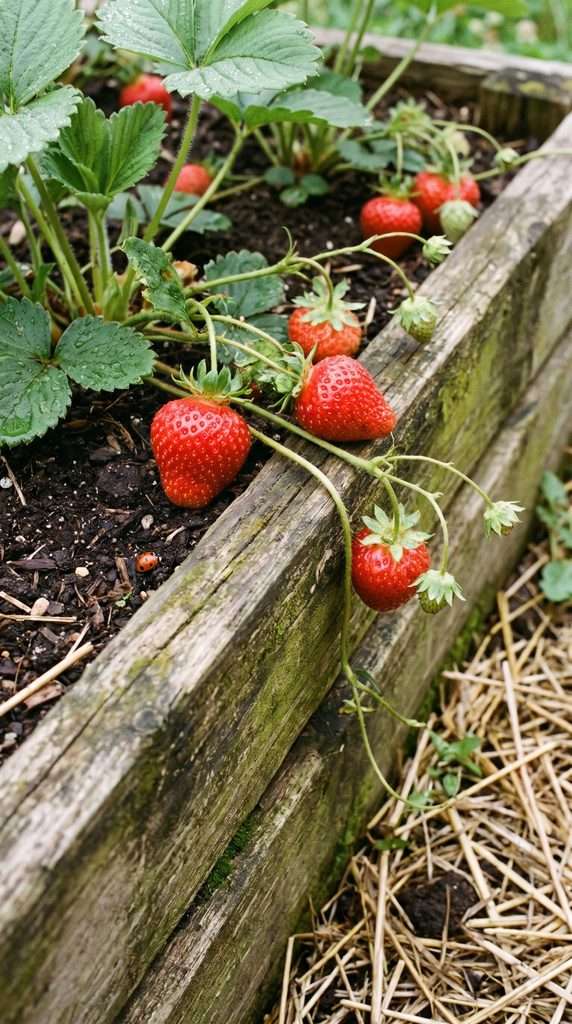 Strawberry plants with ripe red berries growing along the edge of a garden bed.