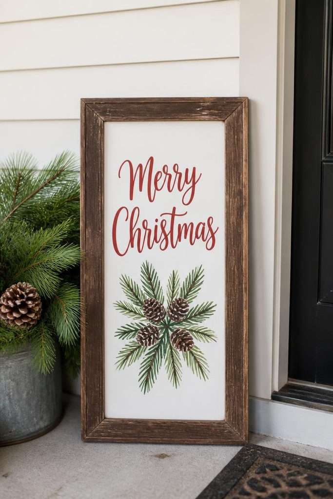 Thrifted wooden frame turned into handmade Christmas porch sign