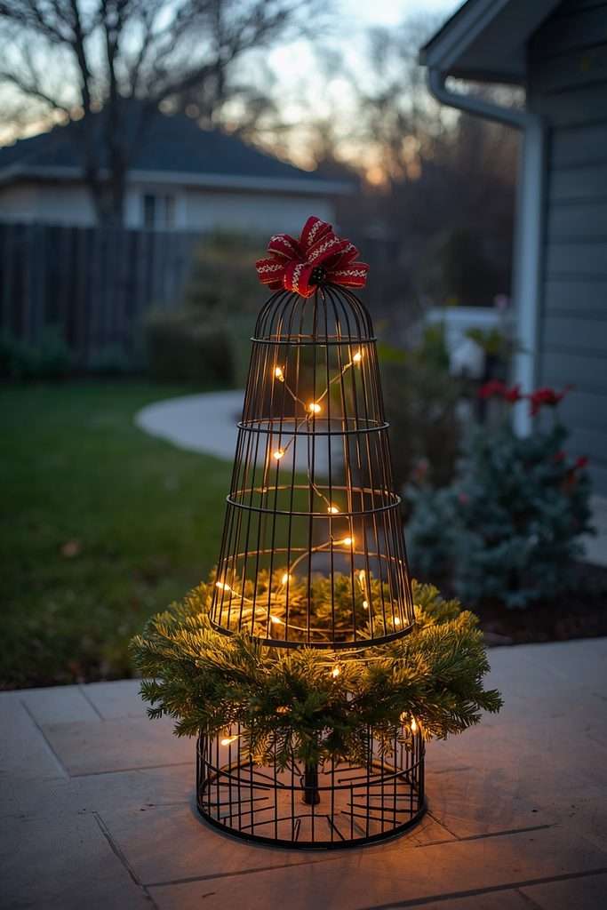 Upcycled tomato cage Christmas tree with greenery and lights