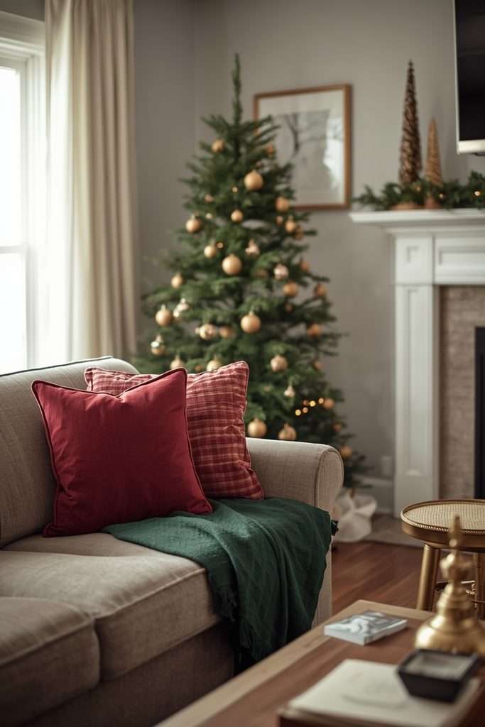 Traditional red green and gold accents in a cozy Christmas living room.