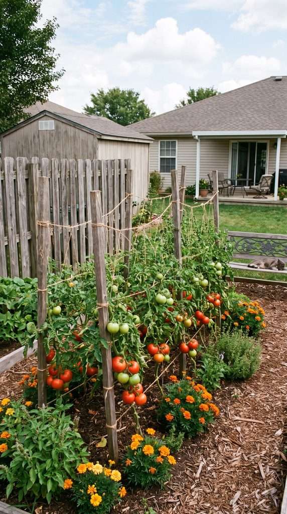 Tomato plants growing vertically on a trellis in an ornamental vegetable garden.