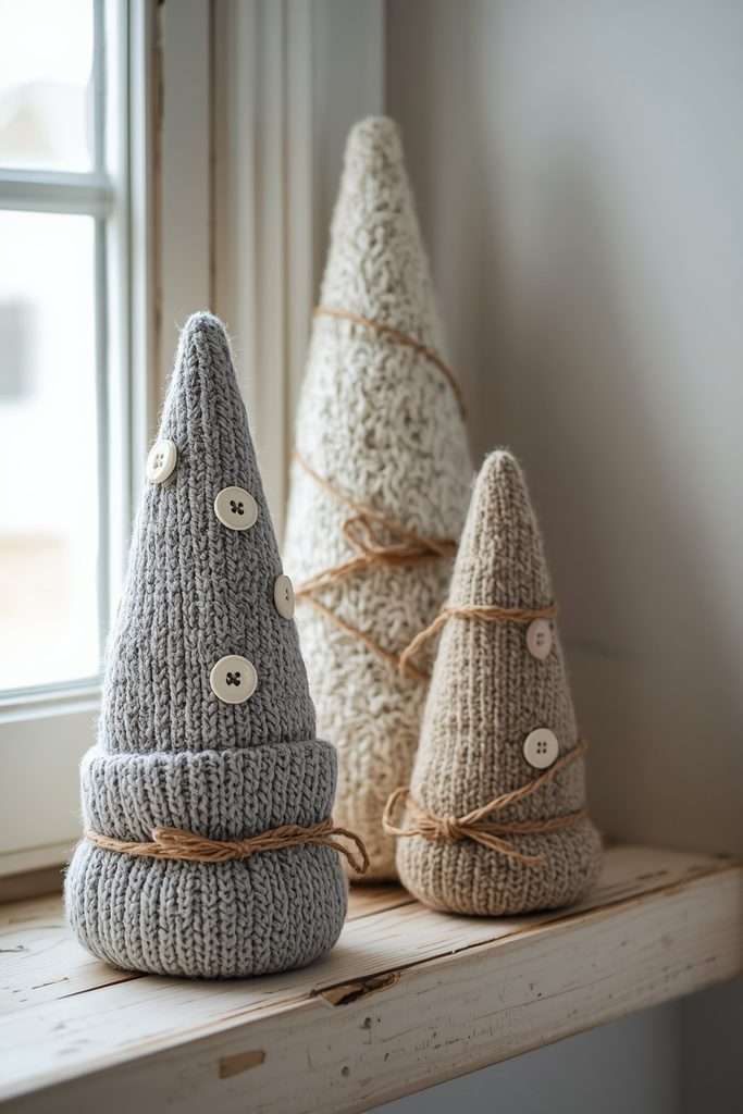 Upcycled sweater Christmas trees displayed on wooden shelf