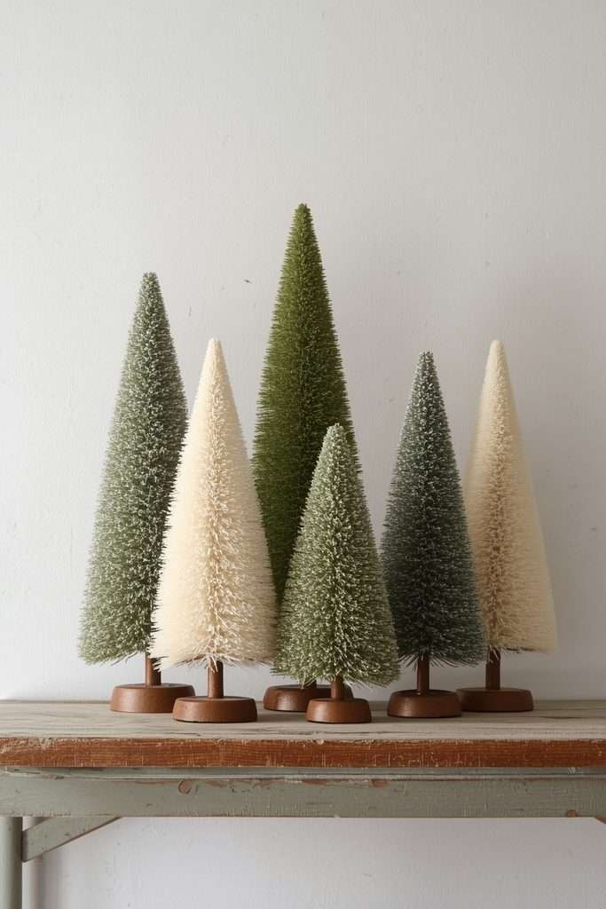 Muted green and ivory bottlebrush trees on a rustic Christmas shelf.