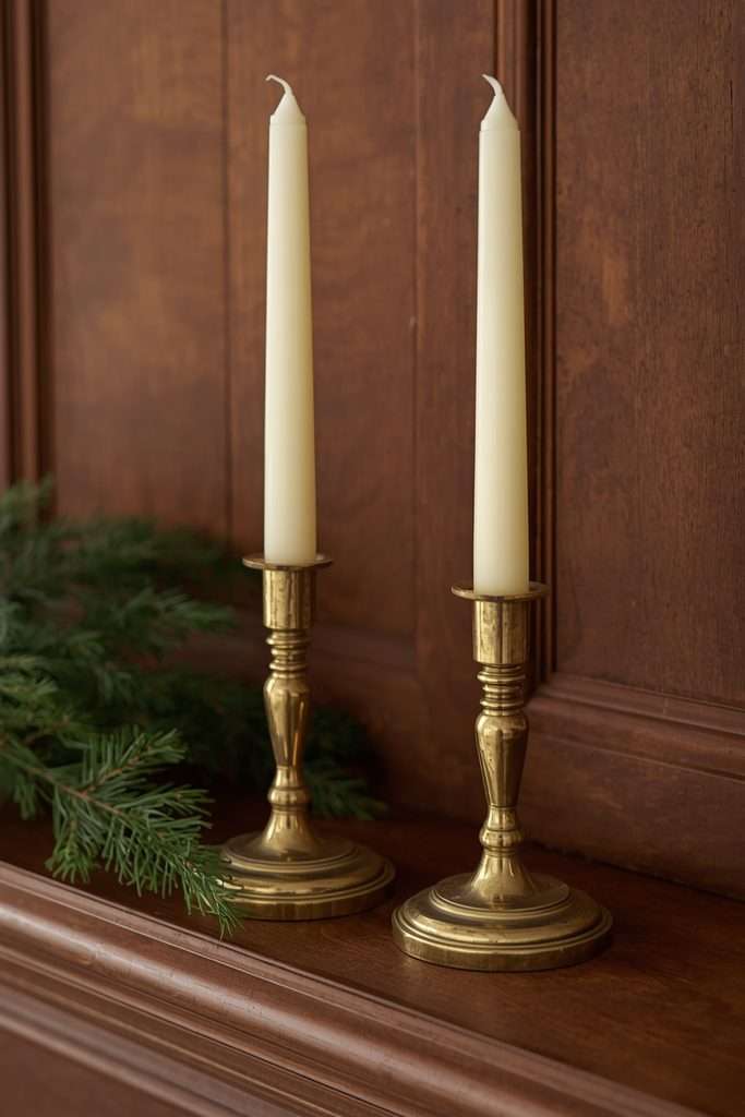 Aged brass candlesticks and evergreen sprigs on a Christmas mantel.