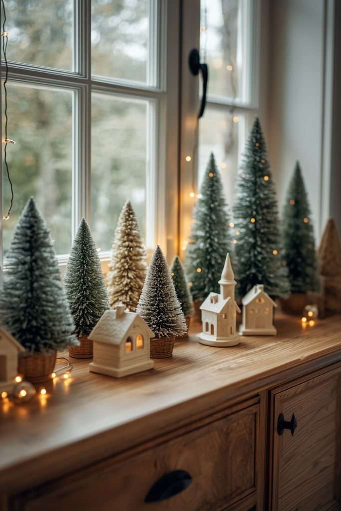 Cream ceramic Christmas village houses arranged with miniature bottlebrush trees.