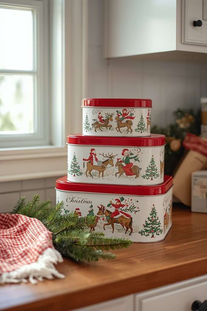 Vintage-style Christmas cookie tins stacked on a kitchen counter.