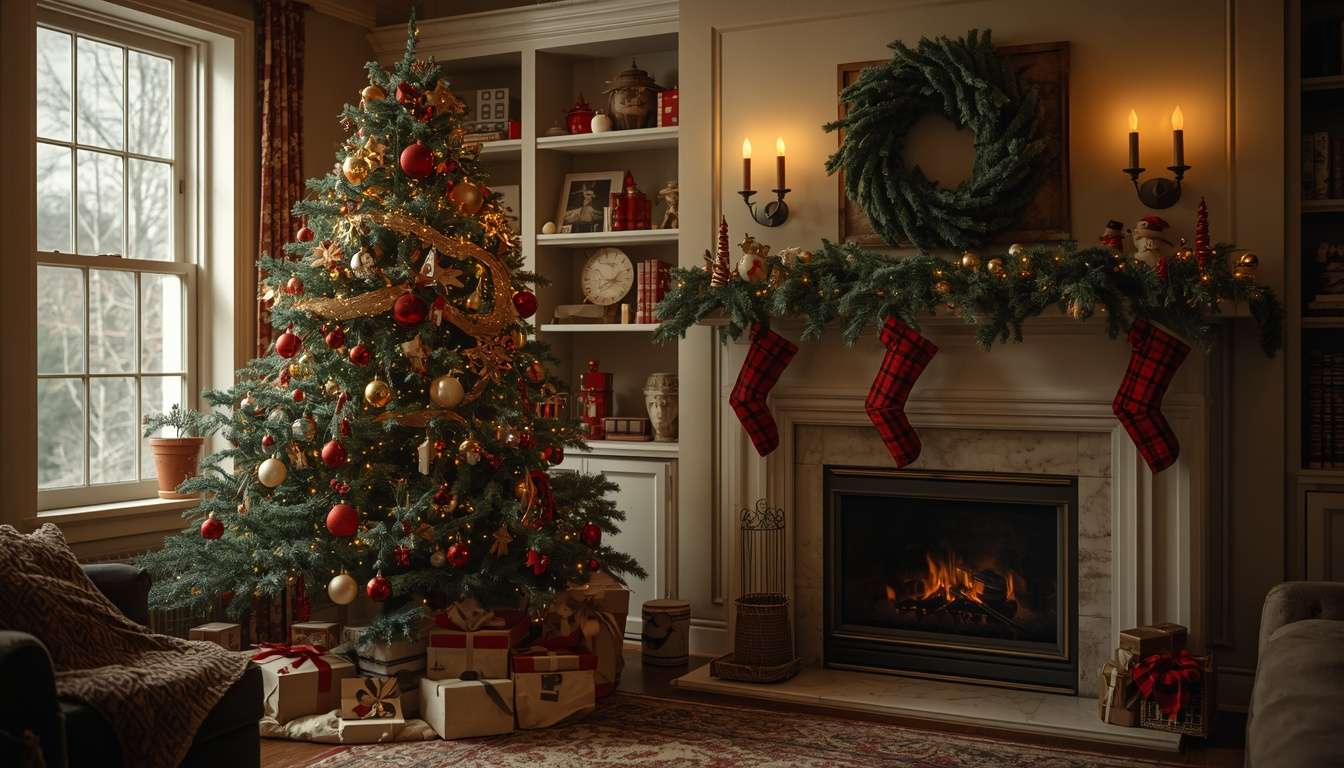 Cozy living room with vintage Christmas ornaments and traditional plaid holiday accents.